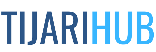 Logo of Tijari Hub with blue and gray text on a white background