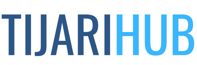 Logo of Tijari Hub with blue and gray text on a white background